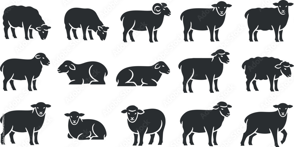 Obraz premium Collection of minimalist black sheep vector illustrations, featuring various poses and styles for agriculture and farm-themed designs