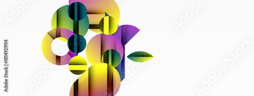 Abstract colorful shapes overlap, creating dynamic composition. Circles, rectangles blend, forming modern visual experience. Bright hues dominate.