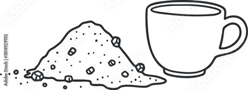 Minimalist line art vector illustration of a coffee cup and sugar pile, perfect for beverage design and kitchen themes