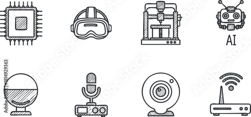 Outlined vector icon set showcasing technology elements including microchip, VR headset, 3D printer, and AI robot for digital projects.