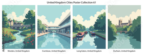 Morden, United Kingdom, Cwmbran, United Kingdom, Long Eaton, United Kingdom, Durham, United Kingdom Flat Vector Poster Collection