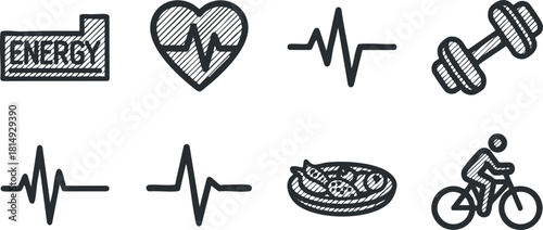 Modern flat vector icon set representing health and fitness concepts including energy, heart, exercise, and nutrition elements