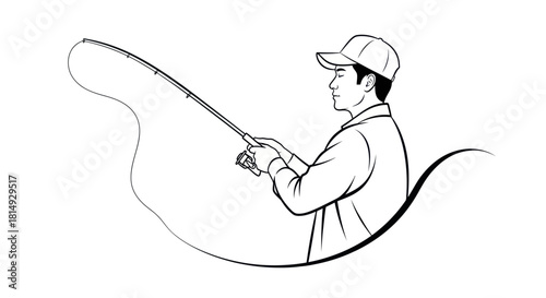 Fisherman casting fishing rod with focused concentration on catching fish.
