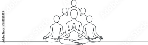 Minimalist line art vector illustration of multiple figures meditating together, ideal for wellness and mindfulness projects
