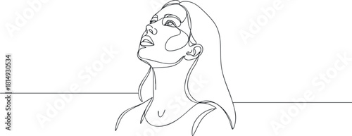 Minimalist line art illustration of a contemplative woman looking upwards, ideal for modern design and branding projects