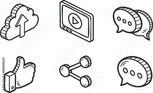 Set of modern outline vector icons representing cloud upload, video playback, chat messages, and social interaction symbols for digital applications