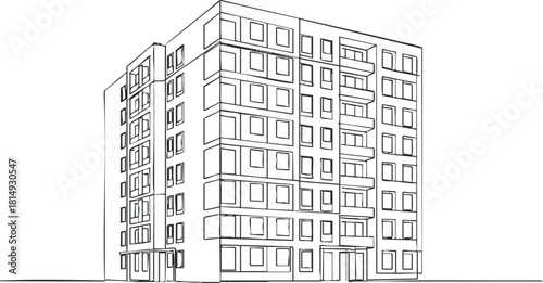 Outline vector illustration of a modern apartment building, ideal for architectural design and urban planning projects