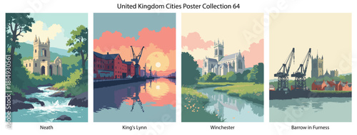 Neath, King's Lynn, Winchester, Barrow in Furness Flat Vector Poster Collection
