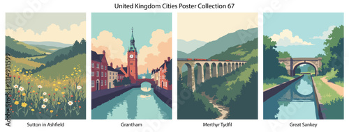 Sutton in Ashfield, Grantham, Merthyr Tydfil, Great Sankey Flat Vector Poster Collection