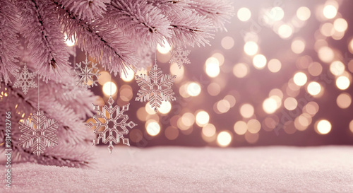 Winter Snowflake Ornaments on Fir Branches with Bokeh Lights