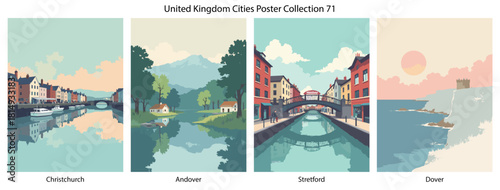 Christchurch, Andover, Stretford, Dover Flat Vector Poster Collection