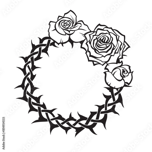 black crown of thorns with roses isolated on white background