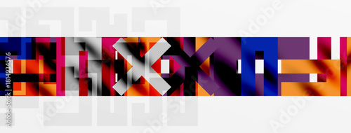 Abstract geometric pattern. Colorful rectangles overlap, creating dynamic visual texture. White shapes frame composition.