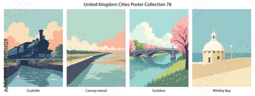 Coalville, Canvey Island, Surbiton, Whitley Bay Flat Vector Poster Collection