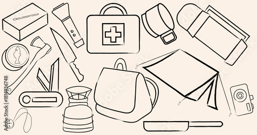 camping tools set line art design elements
