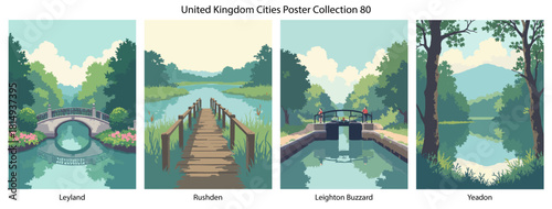 Leyland, Rushden, Leighton Buzzard, Yeadon Flat Vector Poster Collection