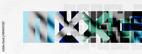 Abstract geometric shapes overlap, creating complex patterns. Blues, greens, grays dominate composition. Minimalist design, modern aesthetic.