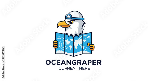 An eagle cartoon character wearing a hat, holding open a blue world map