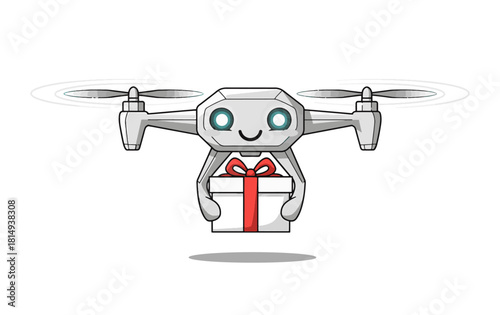 Delightful drone delivering a special gift with a smile, perfect for tech enthusiasts, innovative marketing campaigns, and heartwarming holiday promotions