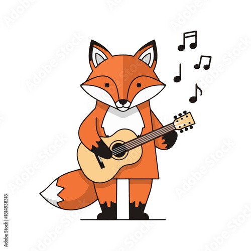 Adorable fox serenades with acoustic guitar, musical notes dancing, perfect for children's content, storybook illustrations, and whimsical designs adding playful joy