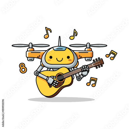 Adorable robot drone serenading with guitar, spreading joy and musical vibes, a whimsical illustration perfect for kids' content and futuristic themes