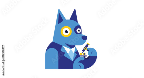 A cartoon blue dog wearing a suit and examining through a microscope