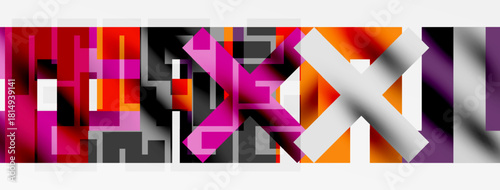 Abstract geometric composition. Rectangles overlap, creating complex patterns. Colors include pinks, oranges, purples, grays. Modern design.