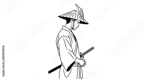 Traditional Japanese Samurai Warrior with Katana Sword in Kimono.