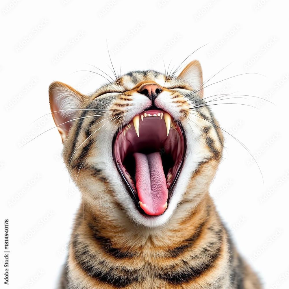 Obraz premium Closeup of a yawning tabby cat isolated on white background, showing its teeth and tongue in detail