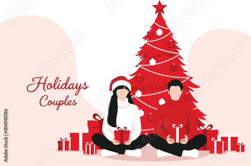 Romantic holiday couple sitting with gifts near decorated Christmas tree in festive winter scene, celebration artwork, cad drawing flat vector illustration
