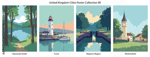 Haywards Heath, Irvine, Wigston Magna, Wednesfield Flat Vector Poster Collection