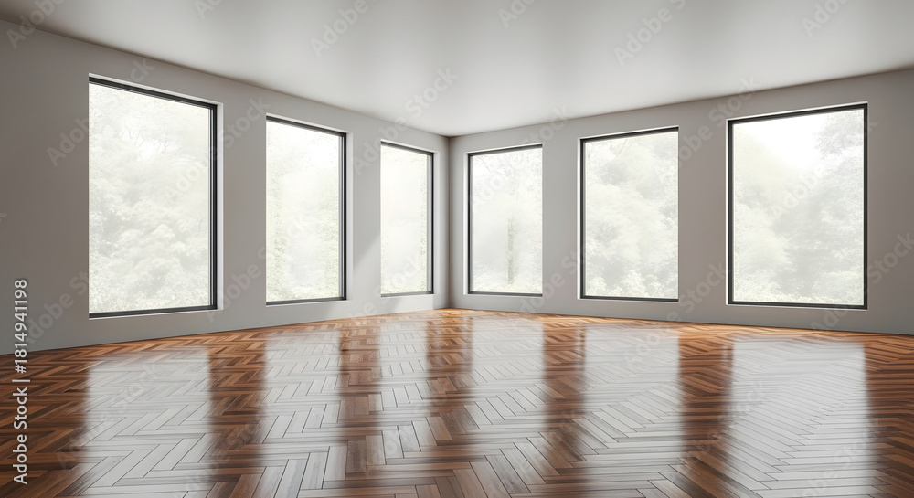 Fototapeta premium Expansive luminous space featuring herringbone hardwood flooring and abundant natural light streaming through multiple