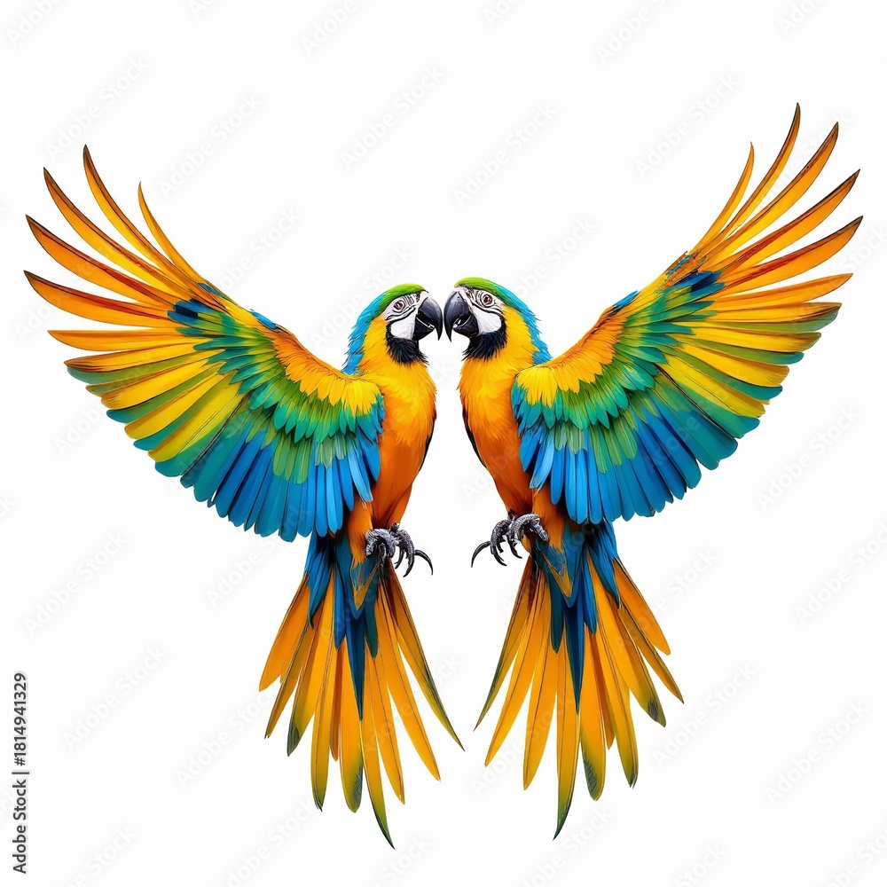 Fototapeta premium Two vibrant blue and gold macaw parrots facing each other with wings spread, isolated on white background