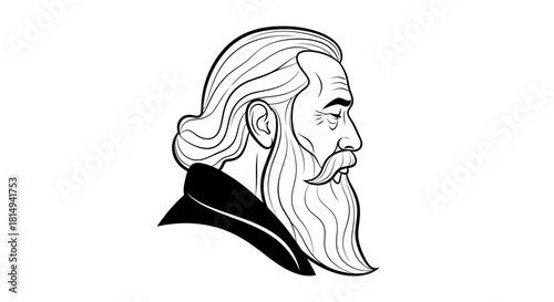 Black and white line art portrait of a wise old man with a long beard.