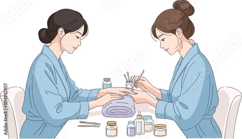 Two women in spa robes doing manicure in relaxing beauty salon setting with nail care tools, cad drawing flat vector illustration