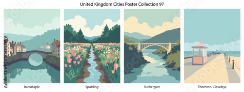 Barnstaple, Spalding, Rutherglen, Thornton-Cleveleys Flat Vector Poster Collection