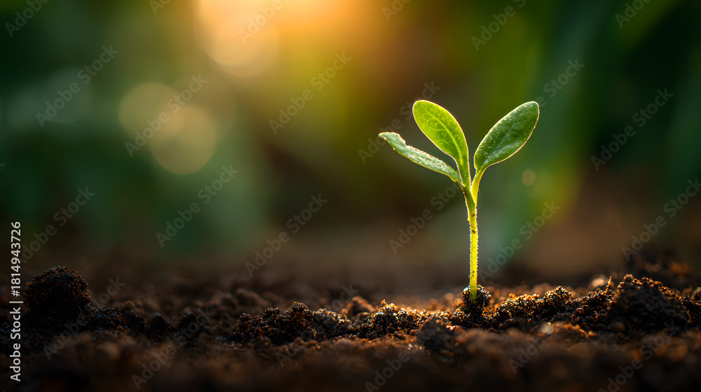 Fototapeta premium Close-up of a small green seedling growing in soil