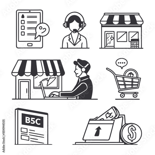 B2C icon set. Business to consumer, e-commerce, customer service, retail, digital marketing, direct sales, customer experience, online store and more. Solid vector icons collection