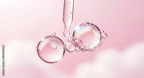 Serum dropping from a pipette with two large droplets on a pink background