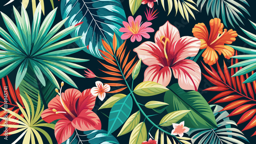 Very beautiful tropical floral pattern featuring hibiscus flowers and layered palm leaves, designed as elegant vector art with vibrant botanical elements arranged in a seamless and decorative composit