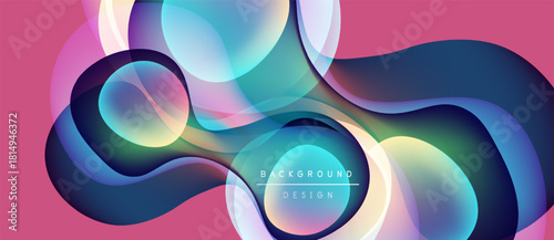 Abstract fluid shapes overlap, creating vibrant color gradients. Pink background complements blue, teal, yellow hues. Modern design element.