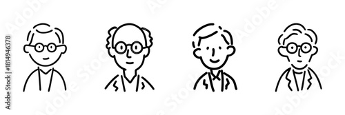 Four Bearded Men With Beanies Line Icon Set In Doodle Style. Facial Expressions And Winter Fashion Outline Sketch Collection. Hand Drawn Isolated Vector Illustration