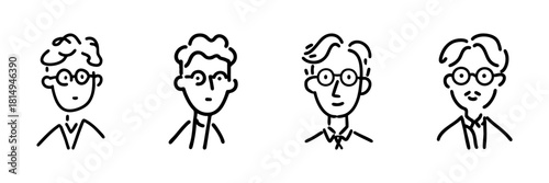 Four Diverse Male Faces With Glasses Line Icon Set In Doodle Style. Character Diversity And Expression Outline Sketch Collection. Hand Drawn Isolated Vector Illustration