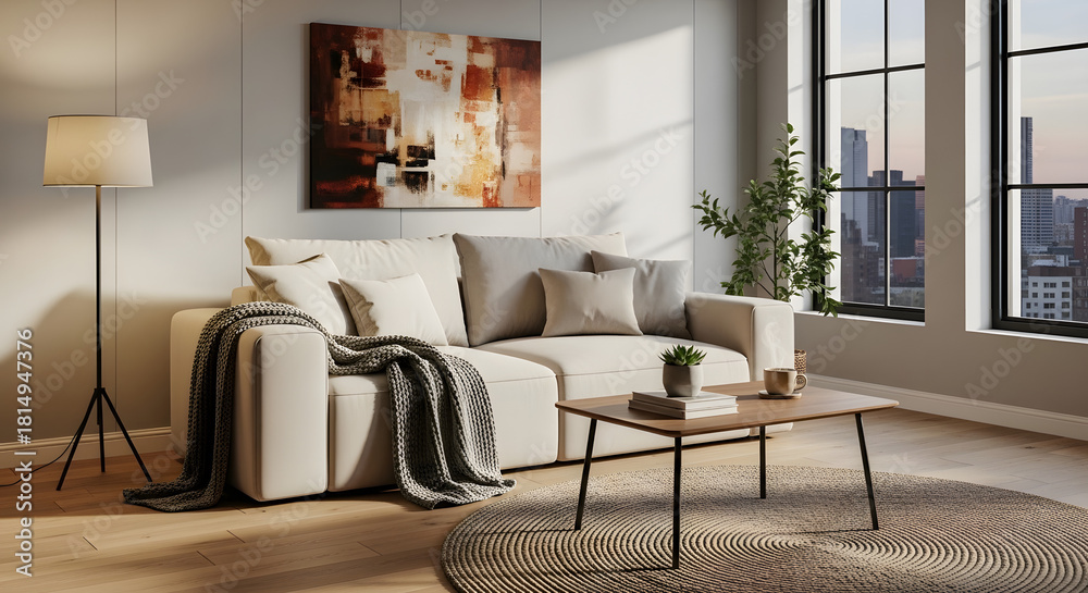 Fototapeta premium Urban sanctuary: contemporary living room showcasing a cozy sofa, minimalist décor, and city view from large windows
