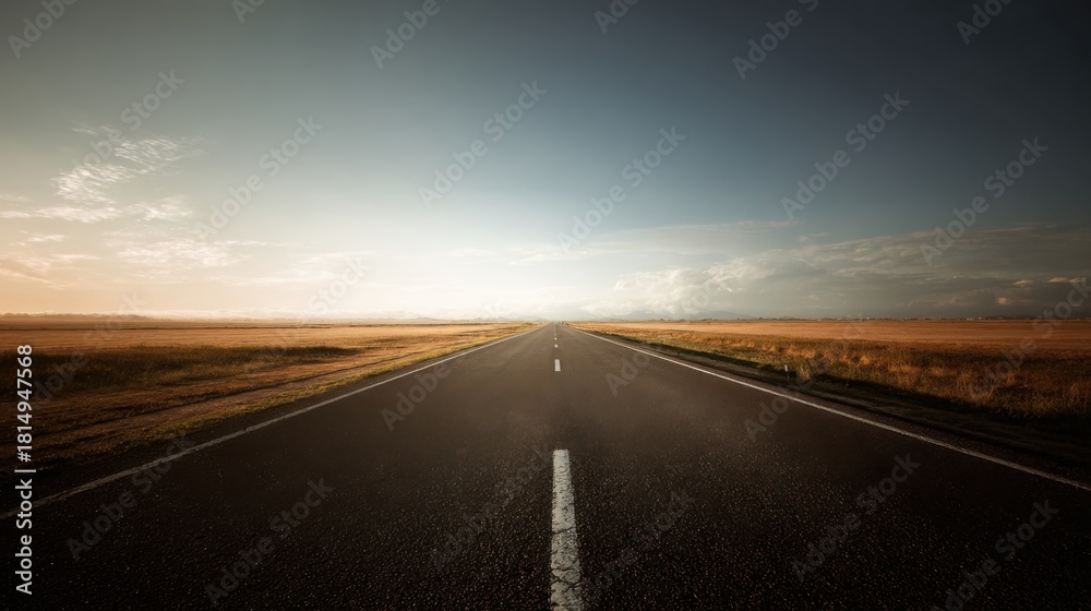 Fototapeta premium long straight road through open fields, soft sky gradient, calm and dreamy atmosphere, minimalistic composition, feeling of freedom and travel