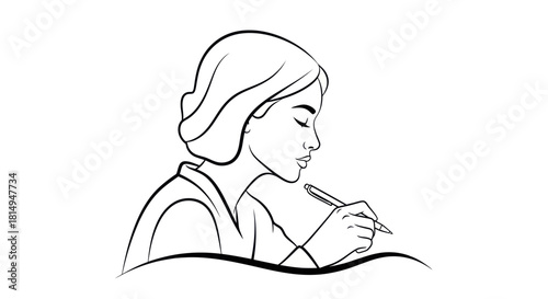 Woman writing with pen focused on her task creative and thoughtful.
