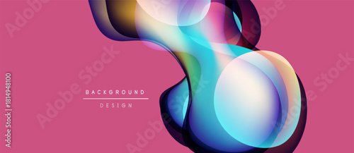 Abstract fluid shapes overlap, creating vibrant color gradients. Pink background enhances dynamic visual effect. Modern design element.