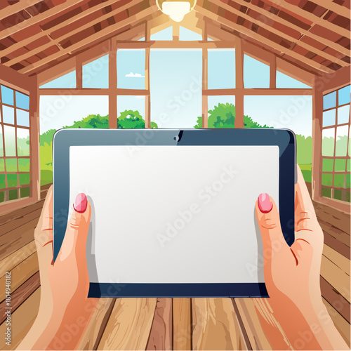 Digital Tablet Mockup in a Rustic Sunroom