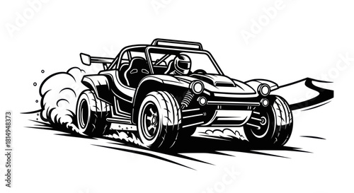 Black and white illustration of a dune buggy racing on a sandy track.