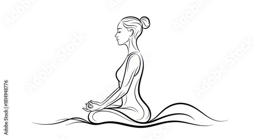Serene Woman Meditating in Lotus Pose Line Art Illustration.